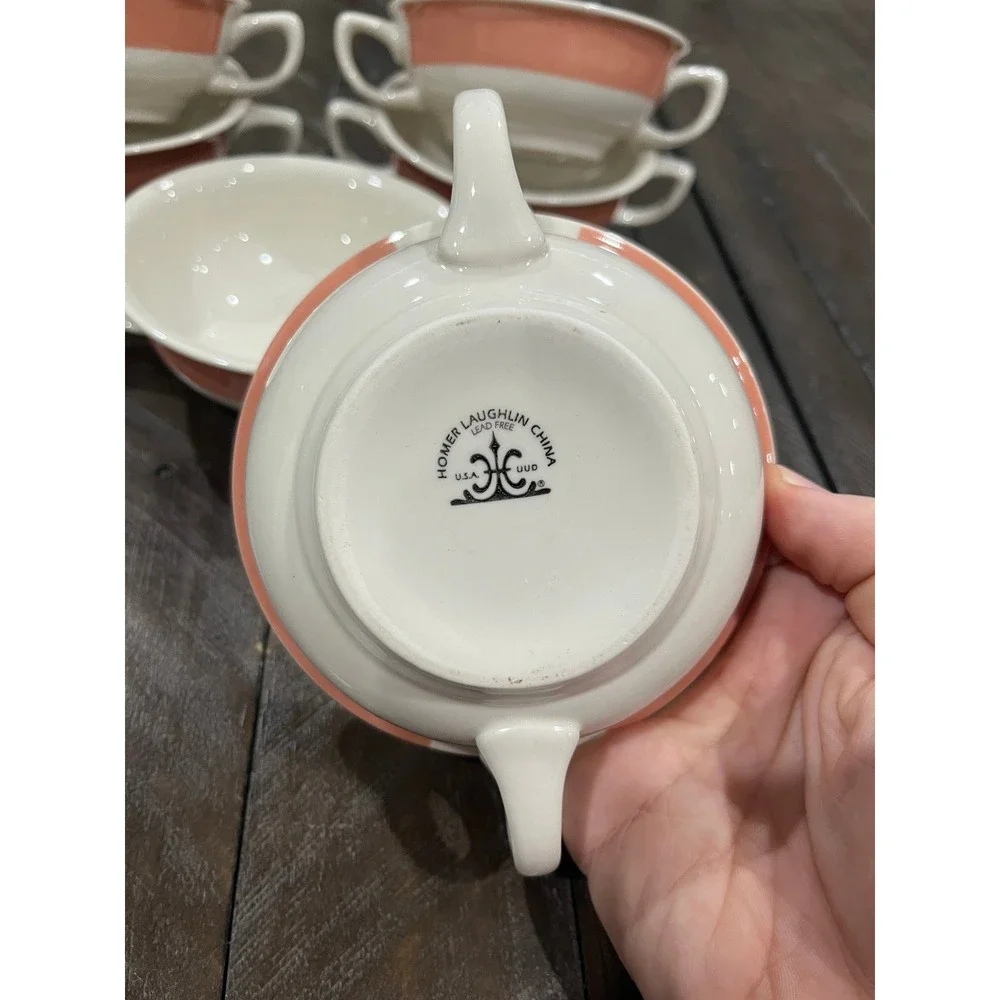 Vintage Homer Laughlin Best China Double Handle Soup Bowl Ivory Pink Set Of 6‎